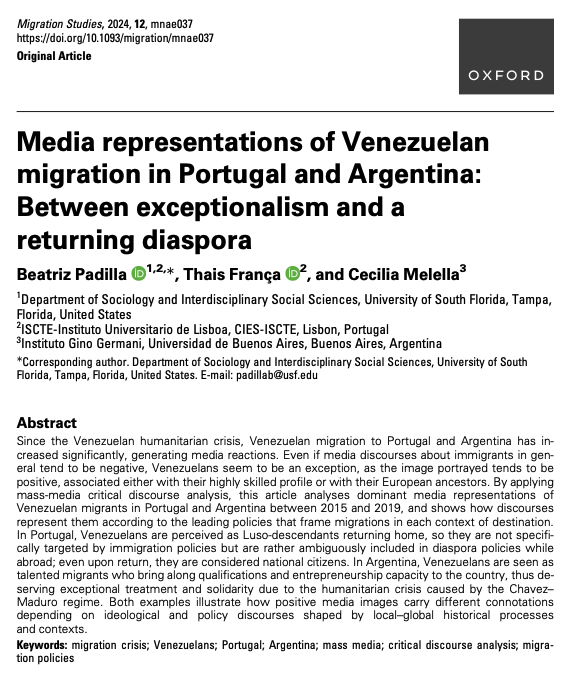 How can immigrants be framed positively by the media? By analyzing the contexts of Venezuelan migration to Portugal and Argentina, B. Padilla, T. França, and C. Melella explore how ideological and policy discourses shape favorable media portrayals.

doi.org/10.1093/migrat…
