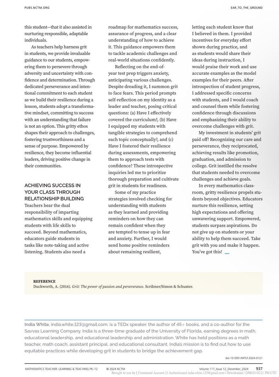 DrIndiaGrit's tweet photo. π So honored to have my article on Grit featured in this month's @NCTM Teaching and Learning Journal! π Iβm incredibly grateful to the Lord and to everyone in the tribeππ
#drindiawhite #nctm #ncsm #bwxme #grit #tedx #bcamt #scctm #fctm #natm #cmcsouth
https://t.co/SyCrvmgVi3 https://t.co/rh9WwZvIz9