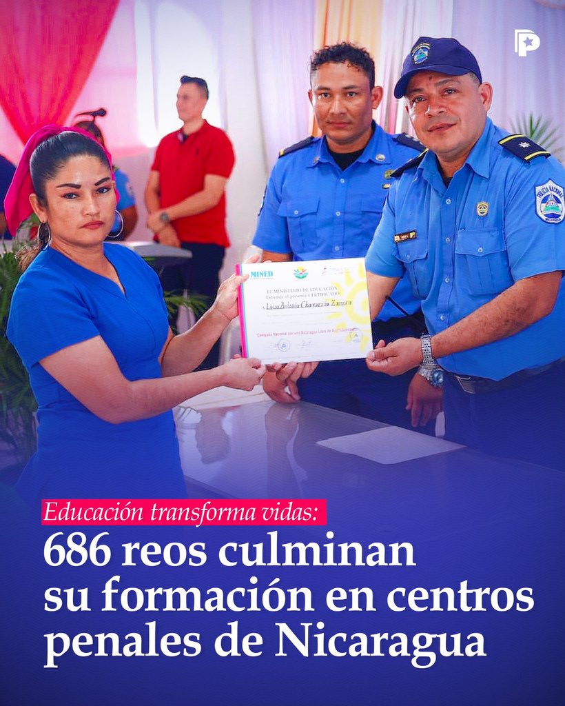 🎓✨ Educación que transforma vidas: En un emotivo acto, 686 internos de ambos sexos se graduaron en alfabetización y sexto grado en los 10 establecimientos penitenciarios de #Nicaragua, gracias al apoyo del Ministerio de Educación. 👩‍🏫👨‍🏫