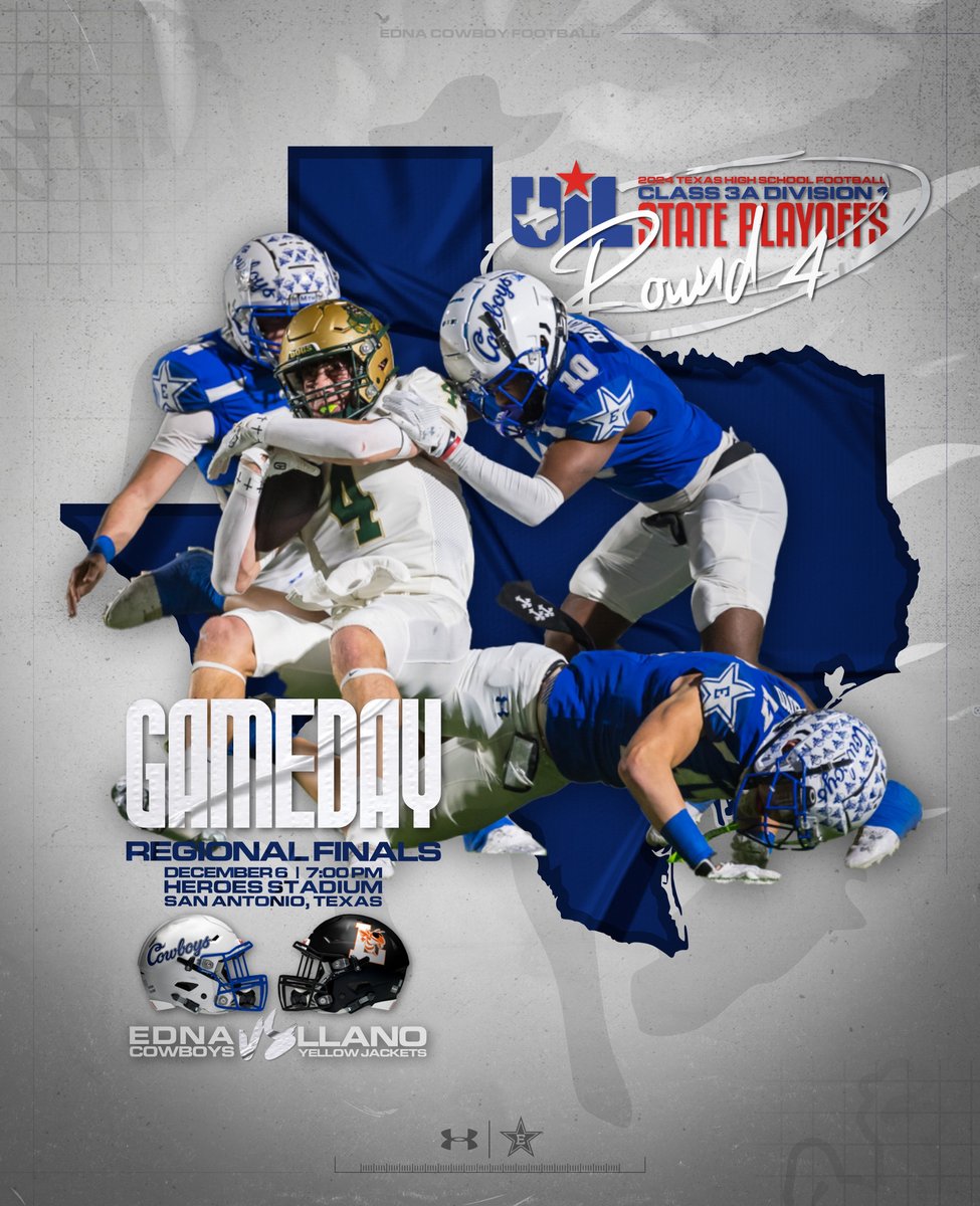 🏈 It’s GAME DAY, Cowboys! 🏆

🎉 The Edna Cowboys take on the Llano Yellowjackets in the UIL 3A Division I State Quarterfinals!

📅 Today, Dec. 6, 2024
🕖 Kickoff: 7:00 PM
📍 Heroes Stadium, San Antonio, TX
🎟️ Passes Accepted: District, Senior, TGCA, THSCA