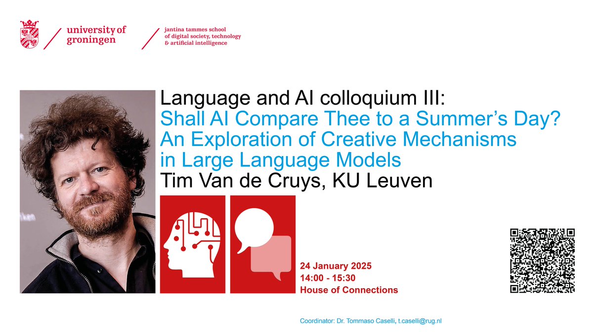 Jantina Tammes School: Digital Society, Tech & AI (@jtschool_ug) on Twitter photo 📢Language and AI Colloquium III: Shall #AI Compare Thee to a Summer’s Day? An Exploration of Creative Mechanisms in #LargeLanguageModels by Tim Van de Cruys (<a href="/timvdc/">Tim Van de Cruys</a>) <a href="/univgroningen/">University of Groningen</a>
🗓️24 Jan 2025
📍House of Connections
👉Read more: tinyurl.com/y9kab98e
#Language #AI #LLMs 📢Language and AI Colloquium III: Shall #AI Compare Thee to a Summer’s Day? An Exploration of Creative Mechanisms in #LargeLanguageModels by Tim Van de Cruys (<a href="/timvdc/">Tim Van de Cruys</a>) <a href="/univgroningen/">University of Groningen</a>
🗓️24 Jan 2025
📍House of Connections
👉Read more: tinyurl.com/y9kab98e
#Language #AI #LLMs