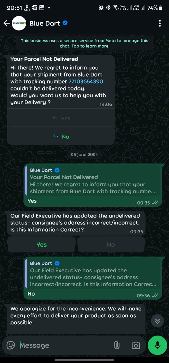 BugdePrasad's tweet photo. @BlueDartCares How about this false information? Neither anyone called me nor the address is incorrect for your information this is second time false information is updated. https://t.co/oVbId8rNSb