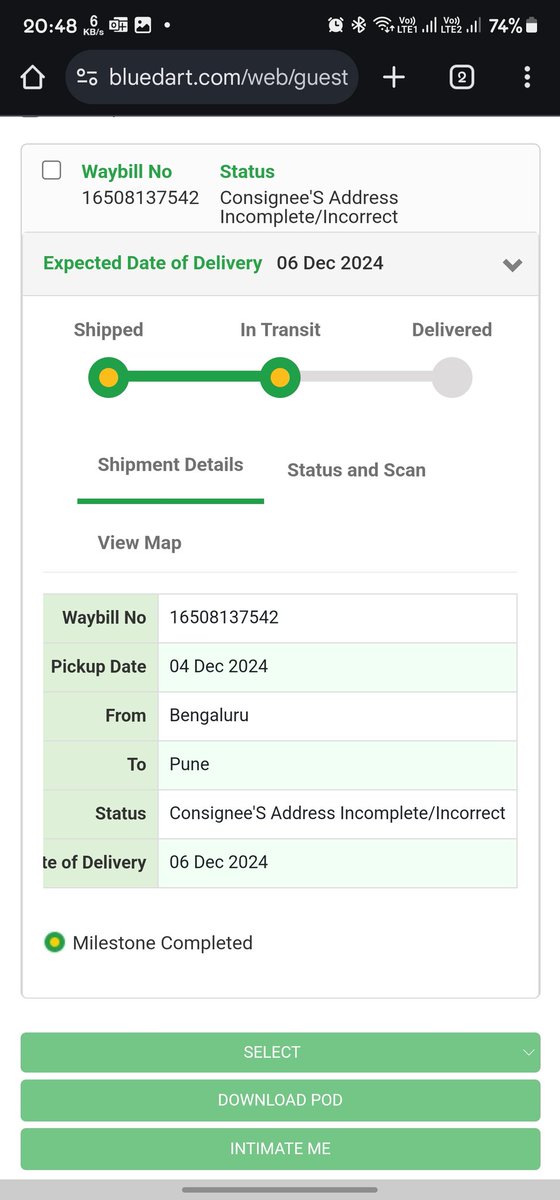 BugdePrasad's tweet photo. @BlueDartCares How about this false information? Neither anyone called me nor the address is incorrect for your information this is second time false information is updated. https://t.co/oVbId8rNSb