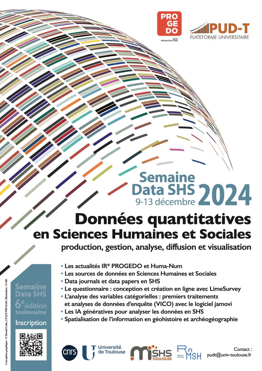🎇Top départ pour la #SemaineDataSHS ! 
5 jours autour des données quantitatives en #SHS
organisés par les PUD plateformes universitaires de données nationales (<a href="/progedo/">Progedo</a> <a href="/rn_msh/">RnMSH</a> )
📰Programme toulousain : QRcode 👇
✍️Inscription dernière minute : contacter pudt@univ-toulouse.fr