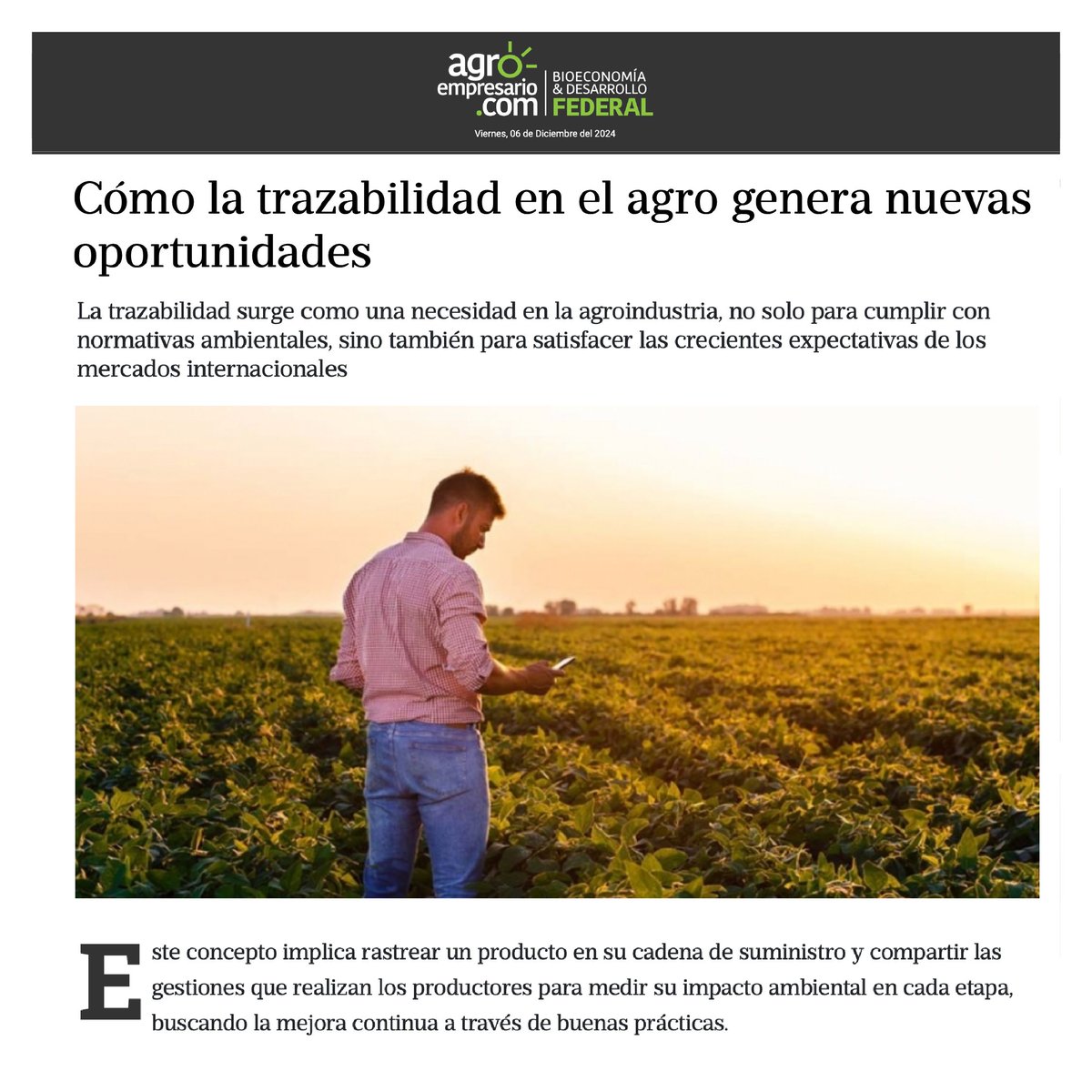 El reconocido portal #AgroEmpresario compartió la última columna de opinión de Agustín Sánchez Sorondo (COO de <a href="/agrologyagro/">@agrologyagro</a>) sobre  la importancia de la trazabilidad para potenciar los resultados. 
Los invitamos a leerla 👇
agroempresario.com/publicacion/10…