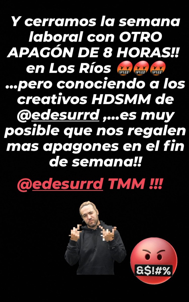 Y cerramos la semana laboral con otro apagón de 8 horas en Los Ríos,...pero conociendo a los creativos de Edesur Dominicana es muy posible que nos regalen mas apagones en el fin de semana!🤬🤬

<a href="/edesur/">patricio</a> TMM