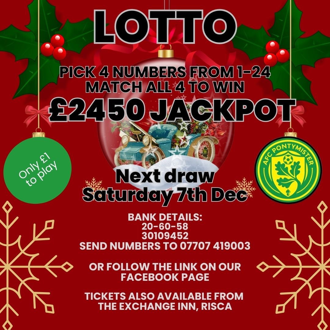 Our club lottery is well worth winning. To play please click on the link below

afc-pontymister.sumupstore.com