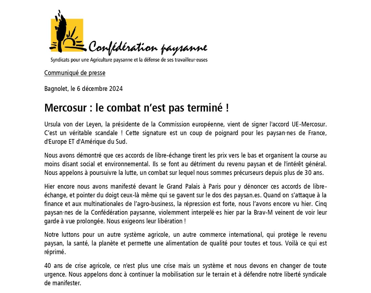 ✊📢#Mercosur  : le combat n'est pas terminé ! 
Notre communiqué de presse 👇
📍 Des rassemblements s’organisent suite à cette annonce et pour soutenir les 5 paysan·nes dont la GAV a été prolongée : depuis 15h à Avignon, à 18h devant la préfecture à Nevers, demain à Figeac...