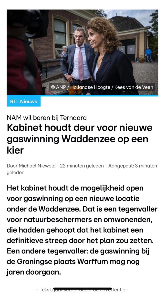 Gaswinning in Groningen gaat door, en winning in de Waddenzee hangt nog een half jaar boven de markt. Ons werelderfgoed in de waagschaal. Onbestaanbaar.

Dit Kabinet moet kiezen voor de veiligheid, voor de natuur, voor de toekomst, en niet voor fossiel en de NAM. Woensdag debat!