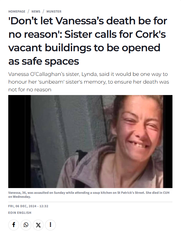'Don’t let Vanessa’s death be for no reason': Sister calls for Cork's vacant buildings to be opened as safe spaces

Vanessa O’Callaghan’s sister, Lynda, said it would be one way to honour her 'sunbeam' sister's memory, to ensure her death was not for no reason