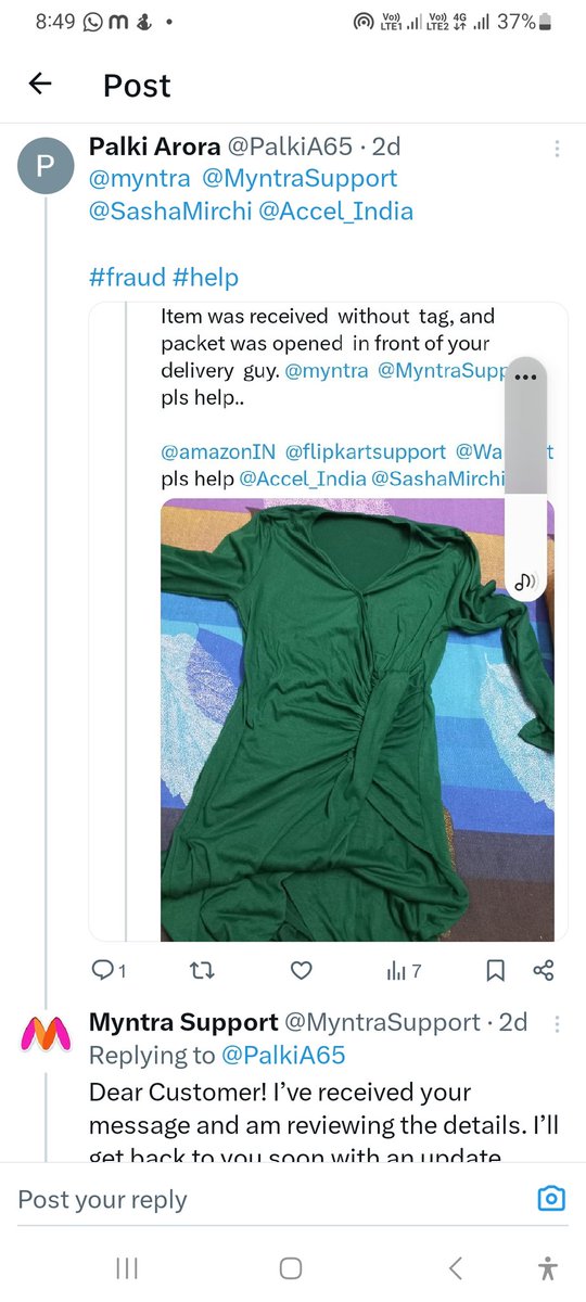 PalkiA65's tweet photo. I have been struggling  for so long and your team is just useless @myntra  @MyntraSupport  don't play with people emotions and hard earned money.  #fraud  #Myntra #Boycott @CimGOI  @PMOIndia  @flipkartsupport @Accel @Tiger_Global @sharonpais7  https://t.co/ZtGhD4fqy9 guys https://t.co/jI1KfTQvEj