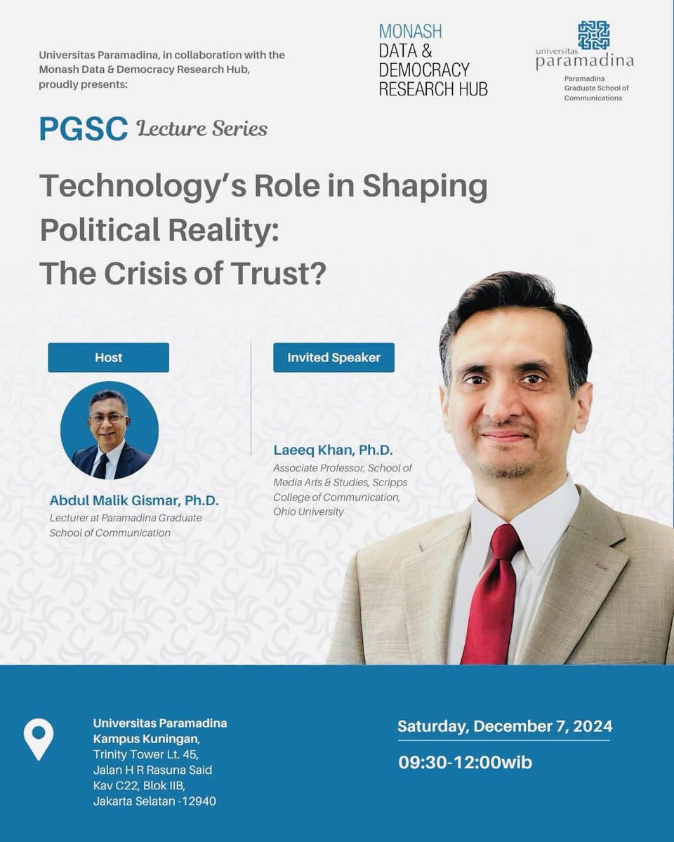 Dr. <a href="/drlaeeqkhan/">Dr. Laeeq Khan</a>'s next engagement takes him to Universitas Paramadina in Jakarta, Indonesia, on Dec 7, 2024. 💡He’ll be speaking on "Technology’s Role in Shaping Political Reality: The Crisis of Trust?", sharing his insights on politics, trust, &amp; discourse. Stay tuned!