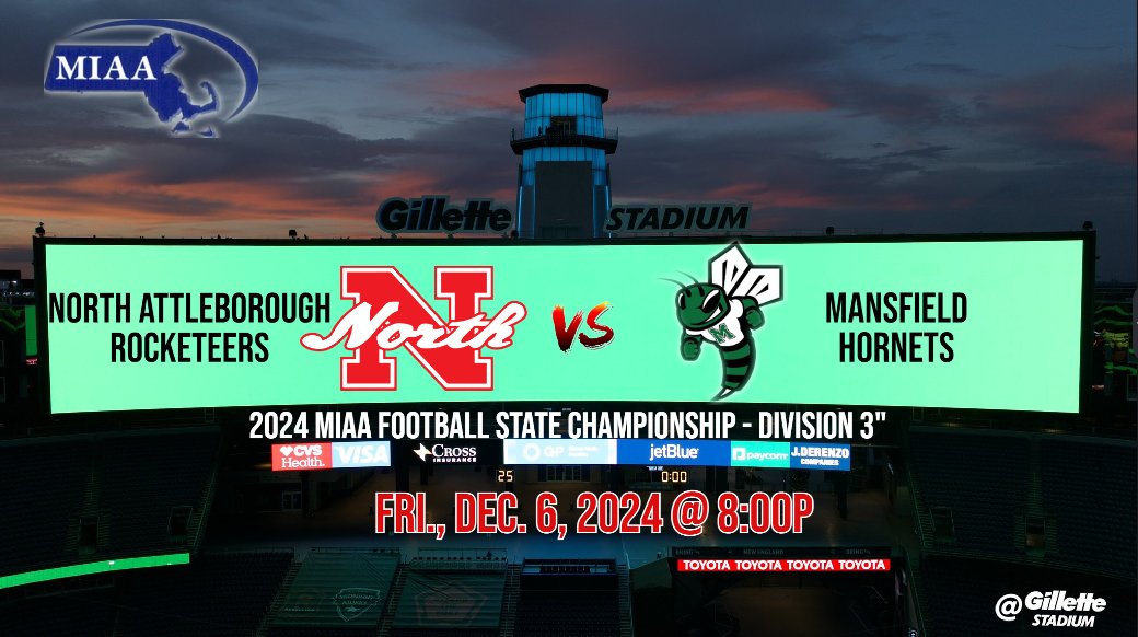 🏆 MIAA Football State Championship - Division 3"
<a href="/MHSfootballMA/">Mansfield Football</a>  vs <a href="/Bigredfb2022/">North Attleboro Football</a> 

📺Live On The:  bit.ly/3BrgZus
⏰Friday, @ 8p.

L <a href="/MHShornets/">Mansfield High</a> <a href="/mhshornetstrack/">MHSHornetsTrack&Field</a> <a href="/MHSAthletics22/">MHS_AthleticsAD</a> <a href="/NorthHigh1/">North Attleboro High</a> <a href="/RyanBannon17/">Ryan Bannon</a> <a href="/Coach_Deege/">Andrew DiGiovanni</a> <a href="/SammyDunn66/">Sammy Dunn</a> <a href="/CoachDegirolamo/">Coach DeGirolamo</a> <a href="/TonyJodice/">Anthony Jodice (6i,6,9)</a>