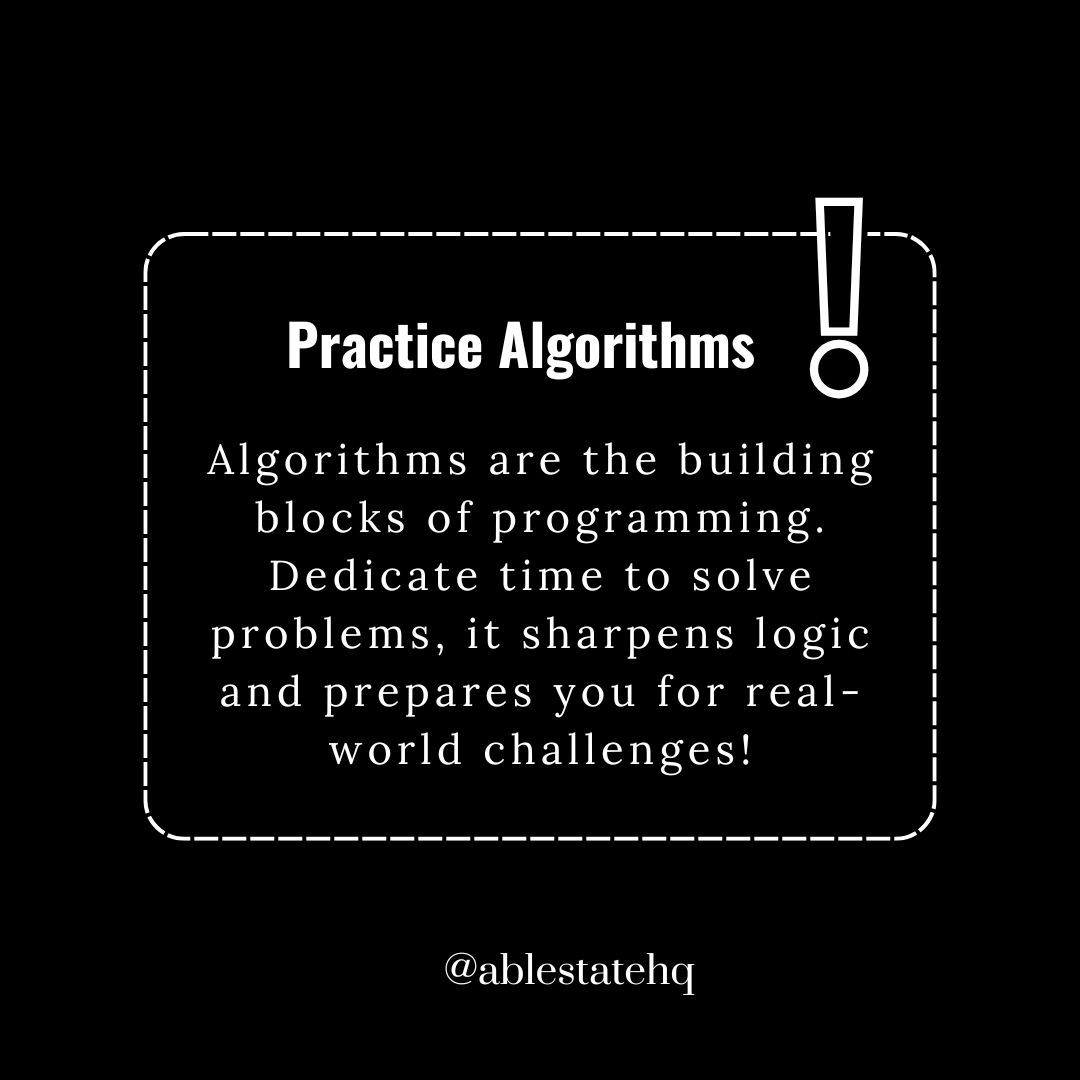 ablestateafrica's tweet image. Algorithms are the building blocks of programming. Dedicate time to solve problems on platforms like LeetCode or HackerRank. It sharpens logic and prepares you for real-world challenges!
#AlgorithmPractice #CodeSmart #developers #programminghelp