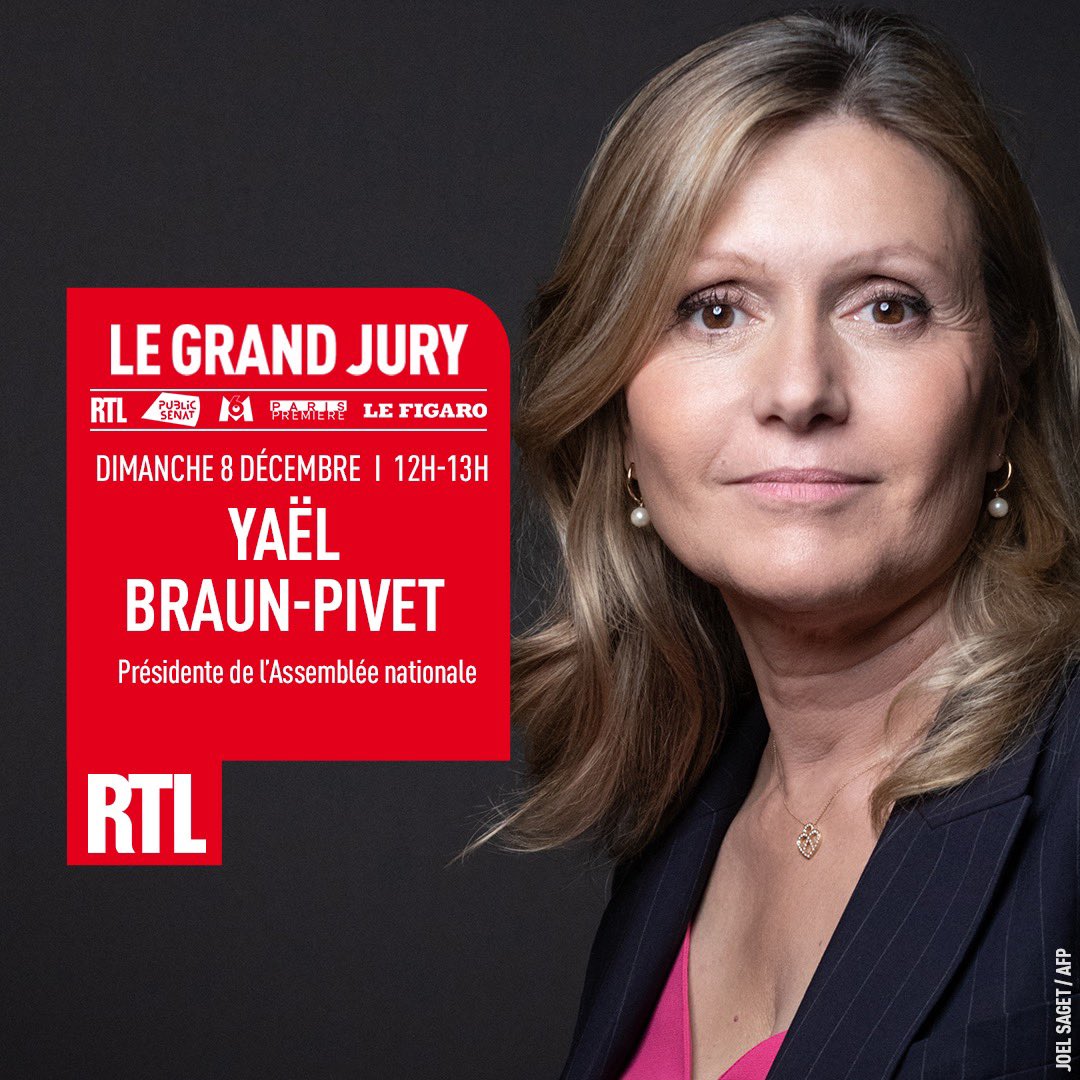 RTLFrance's tweet photo. 🎙️🔴🗣️ Dimanche 8 décembre à partir de 12H, la Présidente de l’Assemblée nationale sera dans @LeGrandJury. Elle sera interrogée par @olivierbost (#RTL), @paulineB (@m6info), @Perrine_tarneau (@publicsenat) et @jimjarrasse (@Le_Figaro) https://t.co/Nlwn2DrMLX