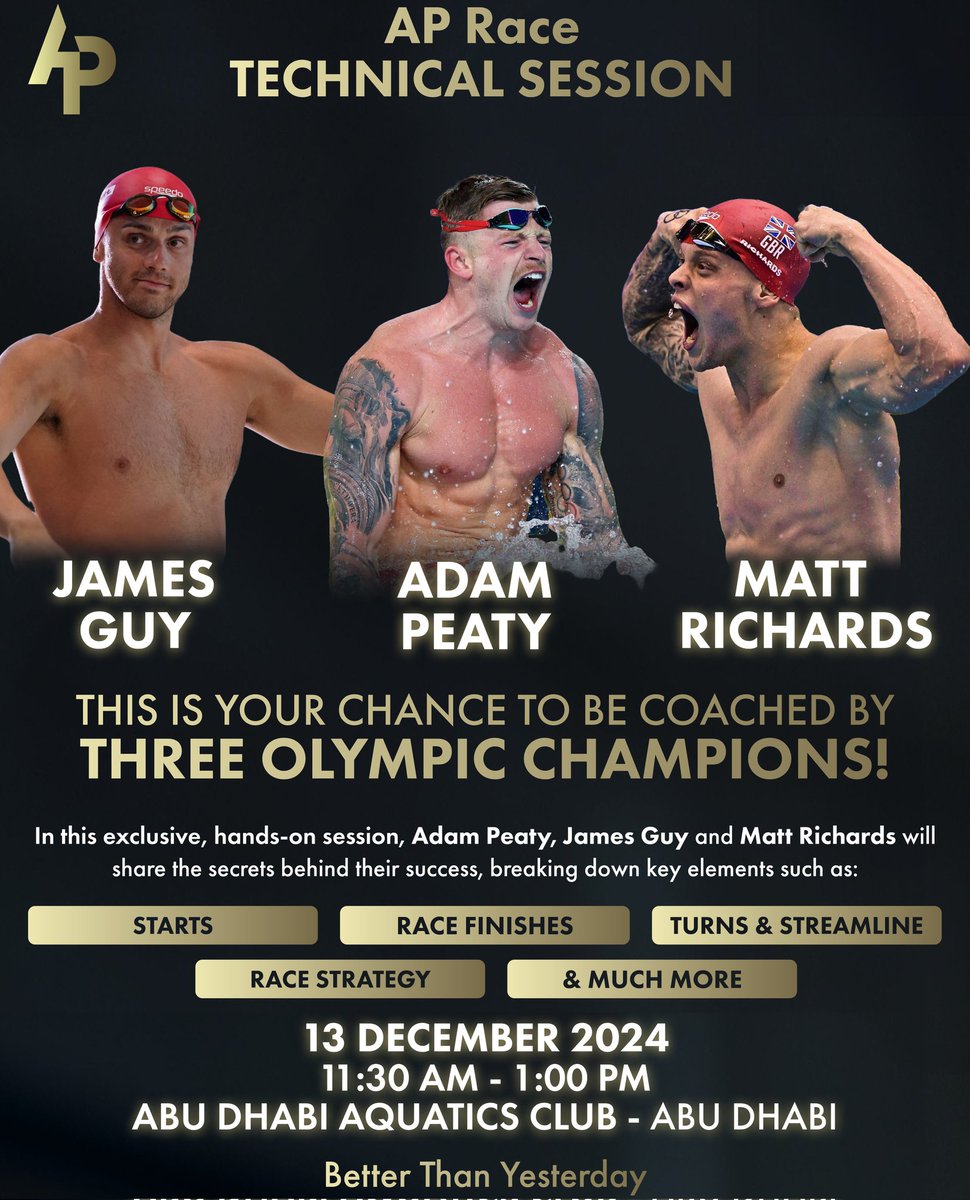 ADAquaticsClub's tweet photo. ورشة سباحة استثنائية مع أبطال عالميين
استعدوا لفرصة فريدة مع أبطال سباق اي بي ريس خلال بطولة أبوظبي سويم فور لايف الدولية من خلال ورشة السباحة مع السباحين الأولمبيين: آدم بيتي، جيمس جاي، ومات ريتشارد، للإستفادة من خبراتهم في استراتيجيات السباحة.

هذه الفرصة لا تعوض، فلا تفوتوها. https://t.co/YknB46VjNK