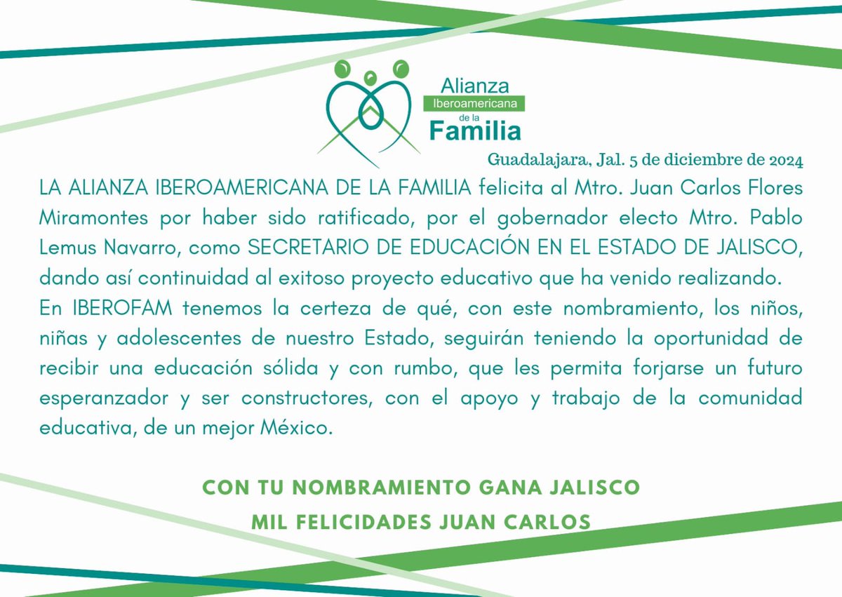 IBEROFAM's tweet photo. Nuestras sinceras felicitaciones a @JCFloresMiramon nuevamente Secretario de la @SecEducacionJal https://t.co/03GCrb6hoL
