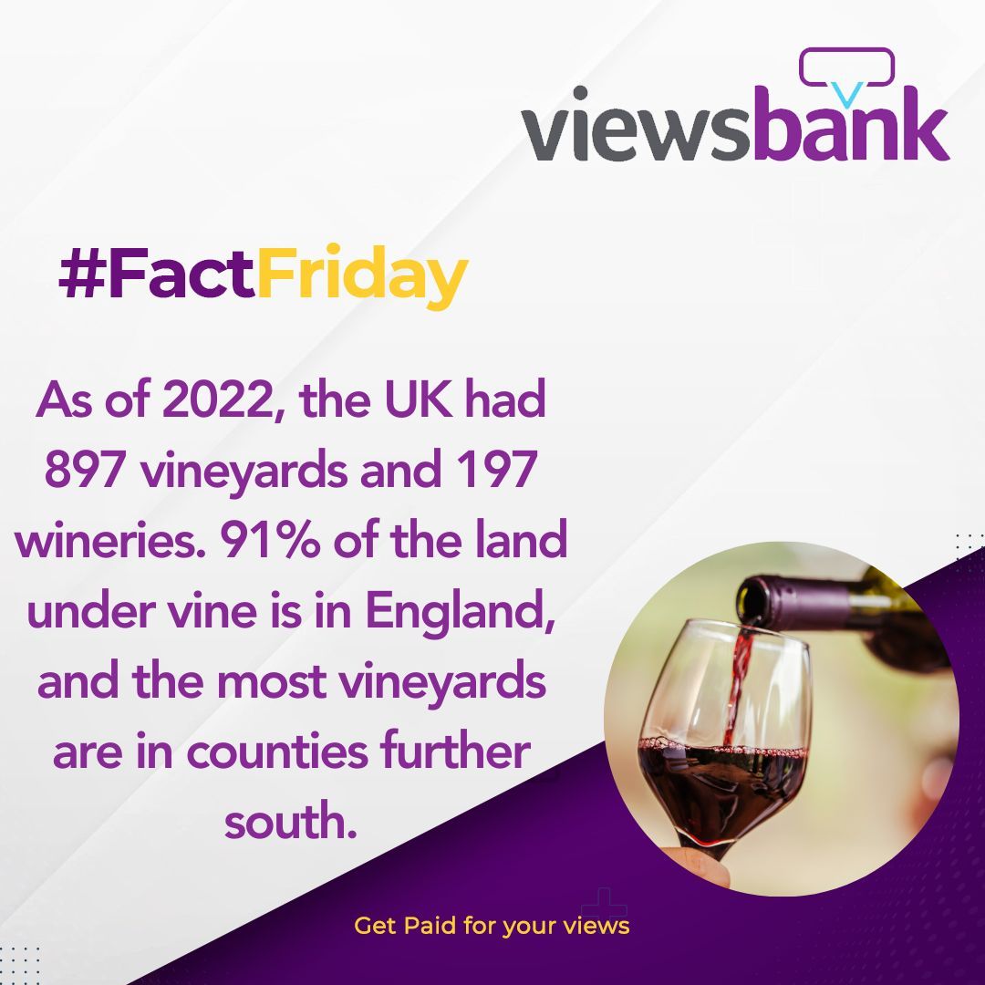 viewsbank's tweet photo. #FactFriday 🍇 The UK’s wine scene is thriving! By 2022, there were 897 vineyards and 197 wineries, with 91% of the vines rooted in England, mostly in the sunny southern counties. Cheers to homegrown excellence! 🥂✨
#UKVineyards #SupportLocalWine #BritishWinemaking https://t.co/fjFQzGnMaV