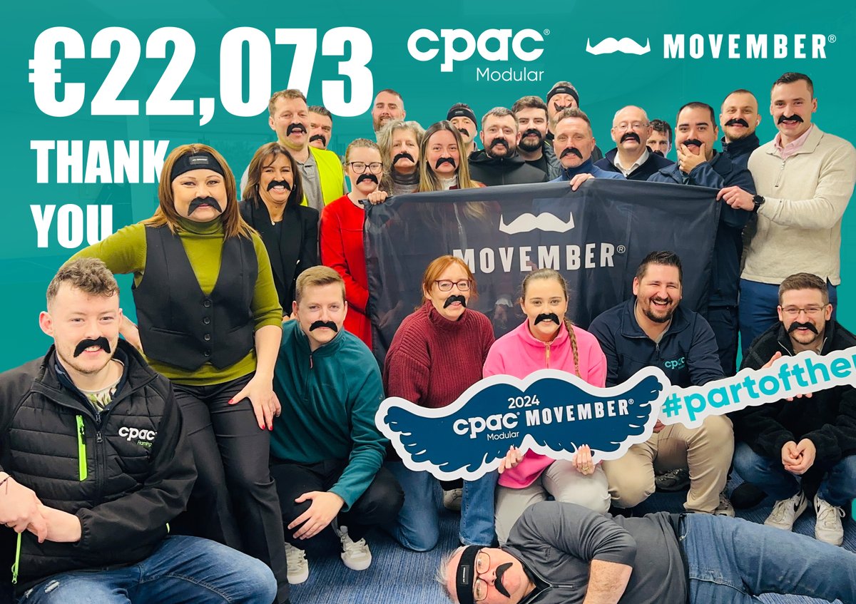 THANK YOU 22,073 times!!
 
CPAC Modular would like thank everyone for making MOVEMBER 2024 a huge success!
 
Together, with our supporters, we raised €22,073 making a grand total raised over the past two years of… €60,448
 
#Movember24 #Thankyou #partofthepac
