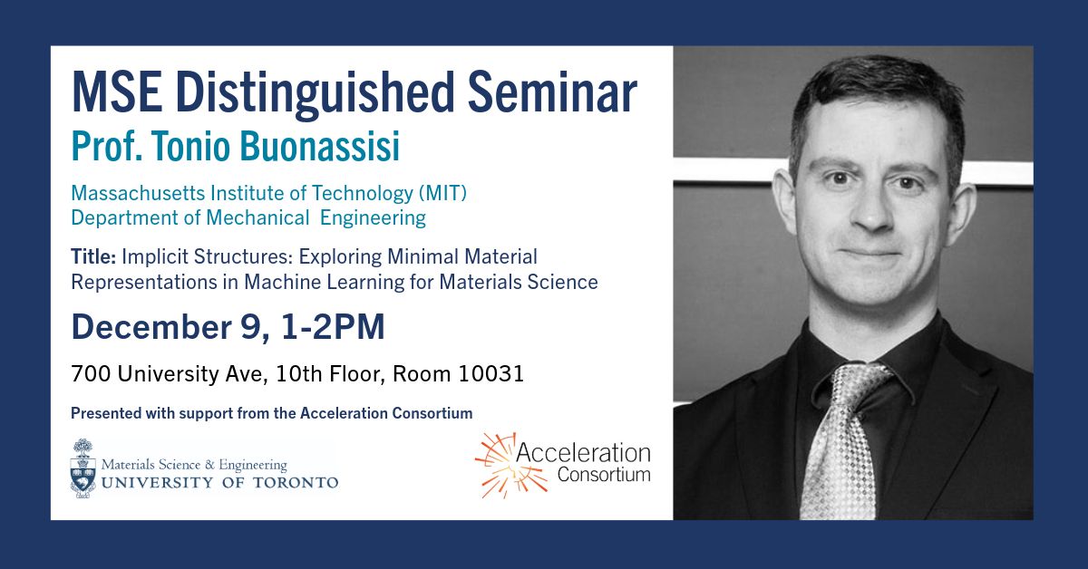 Acceleration Consortium (AC) (@acceleration_c) on Twitter photo 📅 Mon, Dec 9, 1pm: Join AC member Tonio Buonassisi for a talk on minimal material representations in #machinelearning for materials science. The AC is delighted to support this talk, as part of <a href="/uoftmse/">U of T Materials Eng</a>'s distinguished seminar series. 📅 Mon, Dec 9, 1pm: Join AC member Tonio Buonassisi for a talk on minimal material representations in #machinelearning for materials science. The AC is delighted to support this talk, as part of <a href="/uoftmse/">U of T Materials Eng</a>'s distinguished seminar series.