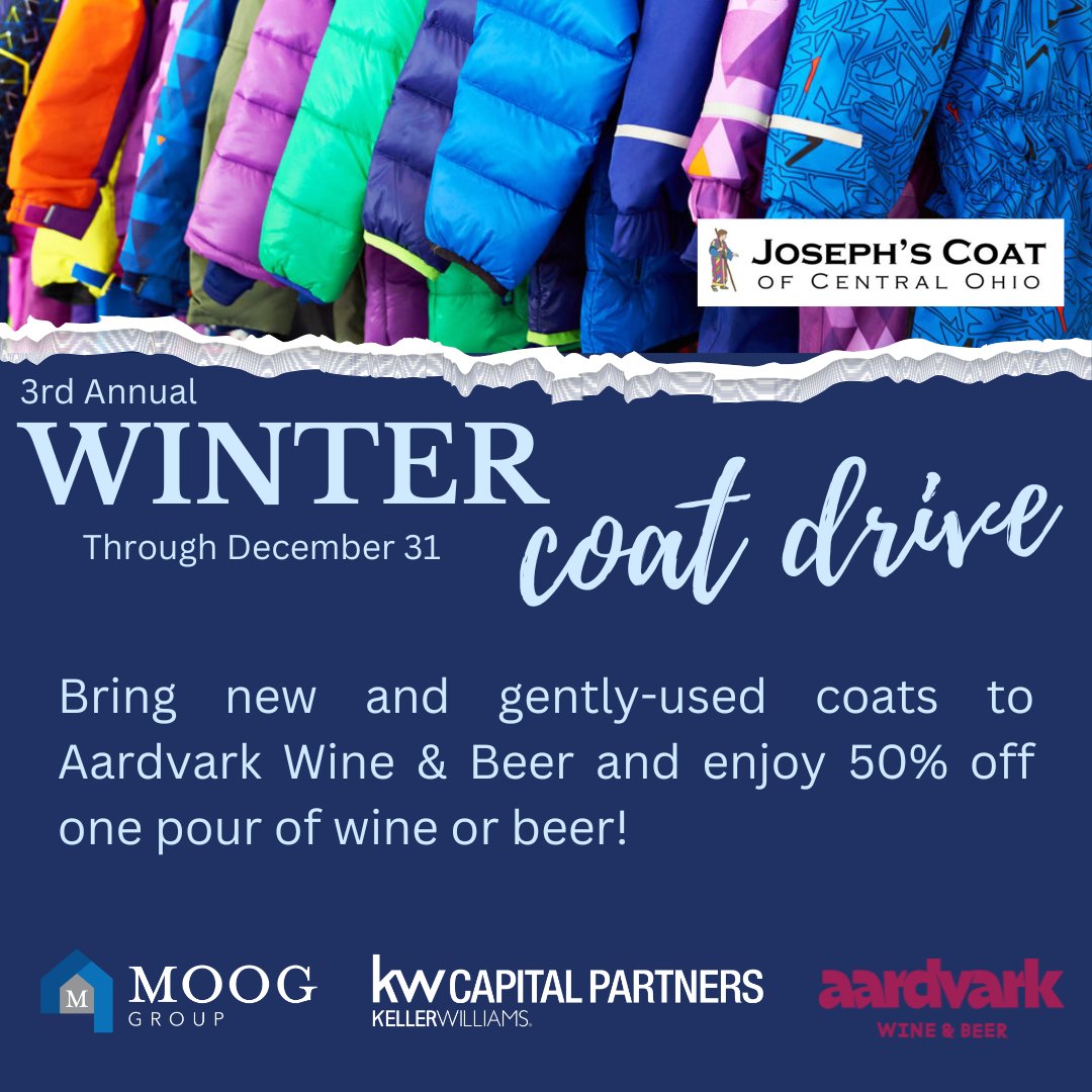 GlennMoog's tweet photo. COAT DRIVE! Purchase a new coat or grab a few gently-used coats from your closet and head to Aardvark Wine &amp; Beer.

With your donation, Aardvark is offering 50% off on one pour of either wine or beer!

#CoatDrive #GiveBack #HelpOurNeighbors #CapPartners #PoweredByPLACE #MoogGroup https://t.co/osWqVR32KA
