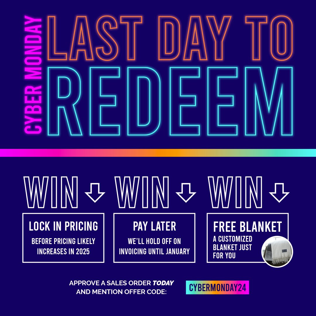 LAST CHANCE for a FREE BLANKET!

1: LOCK IN PRICING— Before pricing likely increases in 2025.
2: PAY LATER— We'll hold off on invoicing until January.
3: FREE BLANKET— Enjoy a free customized blanket.
⁠
Redeem by approving a sales order TODAY and mention code CYBERMONDAY24!