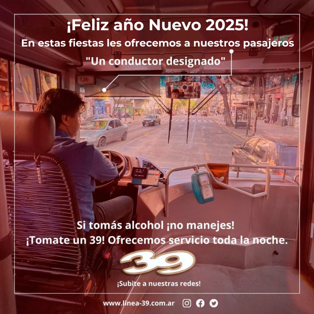 linea39's tweet photo. #Feliz2025
En estas fiestas les ofrecemos a nuestros pasajeros "Un conductor designado". Si tomás alcohol ¡no manejes! ¡Tomate un 39! Ofrecemos servicio toda la noche.
#ConductorDesignado #Linea39 #SiTomasteNoManejes #ConductorDesignadoLinea39 #AñoNuevo #FelicesFiestas https://t.co/KalQWa2Qe7