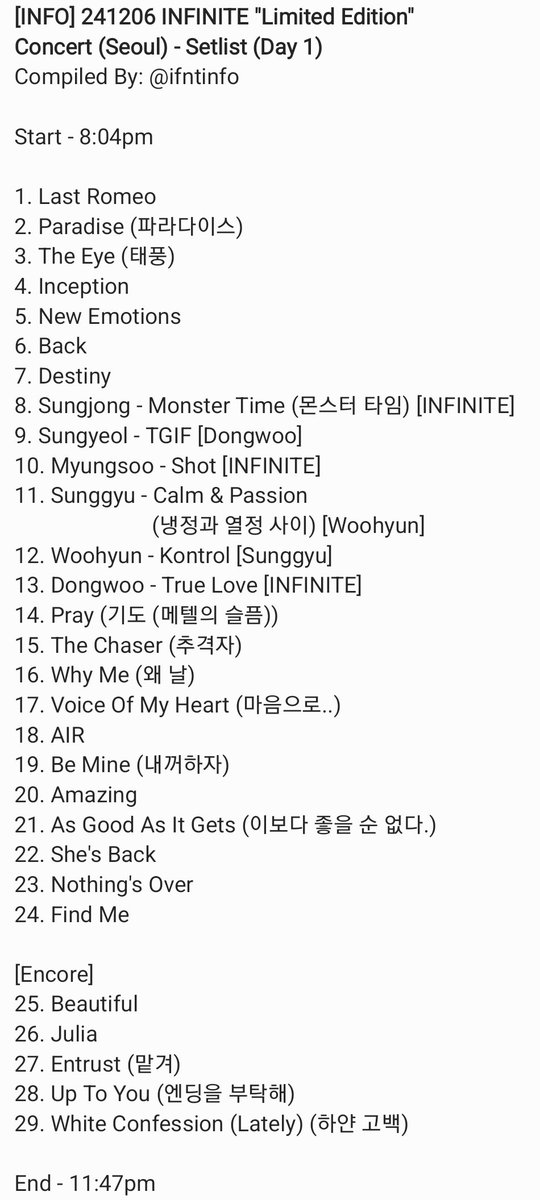 ifntinfo's tweet photo. [INFO] 241206 INFINITE "Limited Edition" Concert (Seoul) - Setlist (Day 1)

#인피니트 https://t.co/yO5F1W3hVl