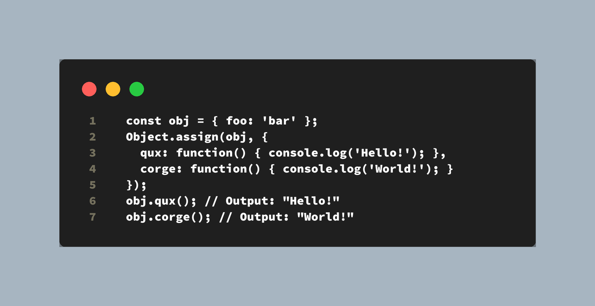 i_amrrs's tweet image. Did you know that you can use `Object.assign()` to add methods to an object after it&apos;s been created? Here&apos;s an example:

#javascript #hiddenusestrick #objectassign #methodaddition #postcreation #devtools #webdevelopment #javascripttricks #codetips #javascriptlove