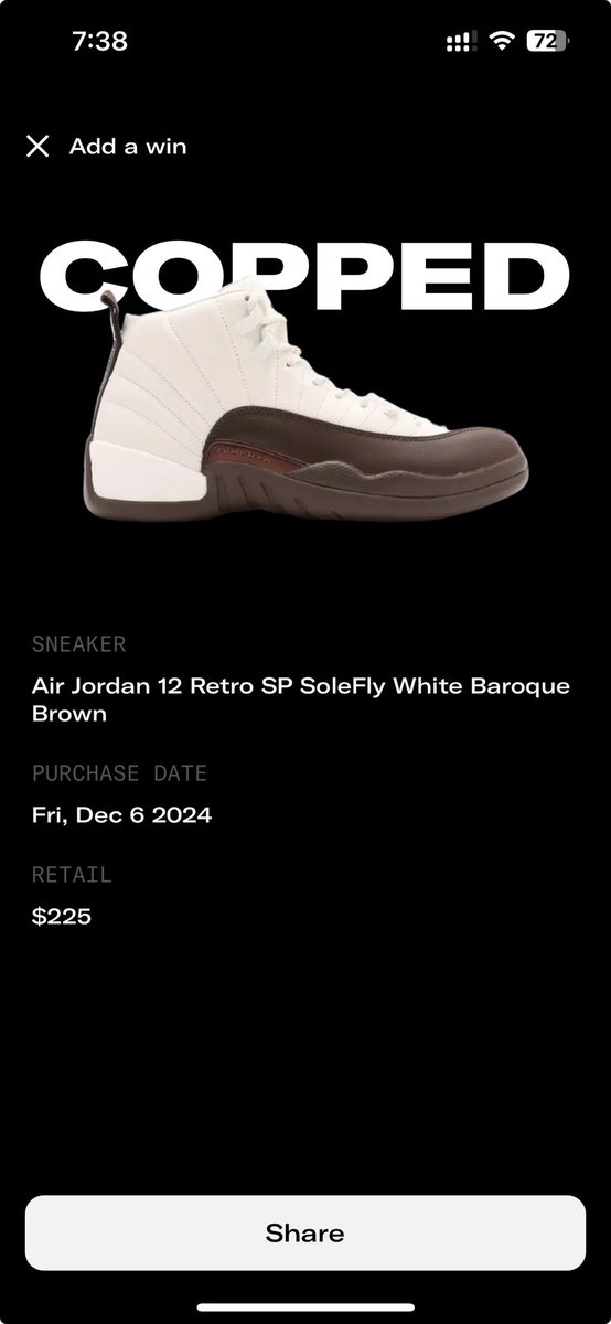 lojo750's tweet photo. I admit I stalked this page!! Then slept through release!! WORK UGH! But thankfully theSNEAKER Gods were with me!! Thank you ⁦@SOLEFLY⁩ this is just a BEAUTIFUL shoe !! https://t.co/TxMQ3BOqMd