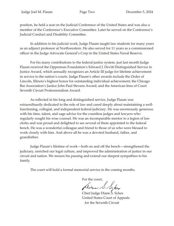 Senior U.S. Court of Appeals Judge Joel M. Flaum (Seventh Cir.) died December 4 at age 88