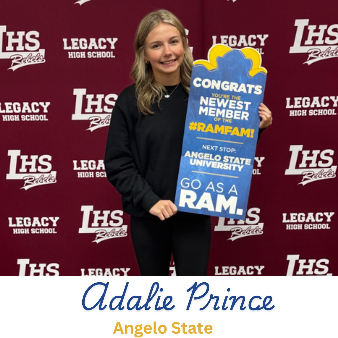 Rebs_Counselors's tweet photo. โจWhatโs your Eโฆ Enroll, Enlist, Employ?โจ
Congratulations to Adalie Prince for being accepted into @AngeloState! Adalie plans to study Psychology. Legacy High School is so proud of you and wishes you the best as you continue your education at ASU.
#WhatsYourE #FutureRam https://t.co/ndOwyqISQ5