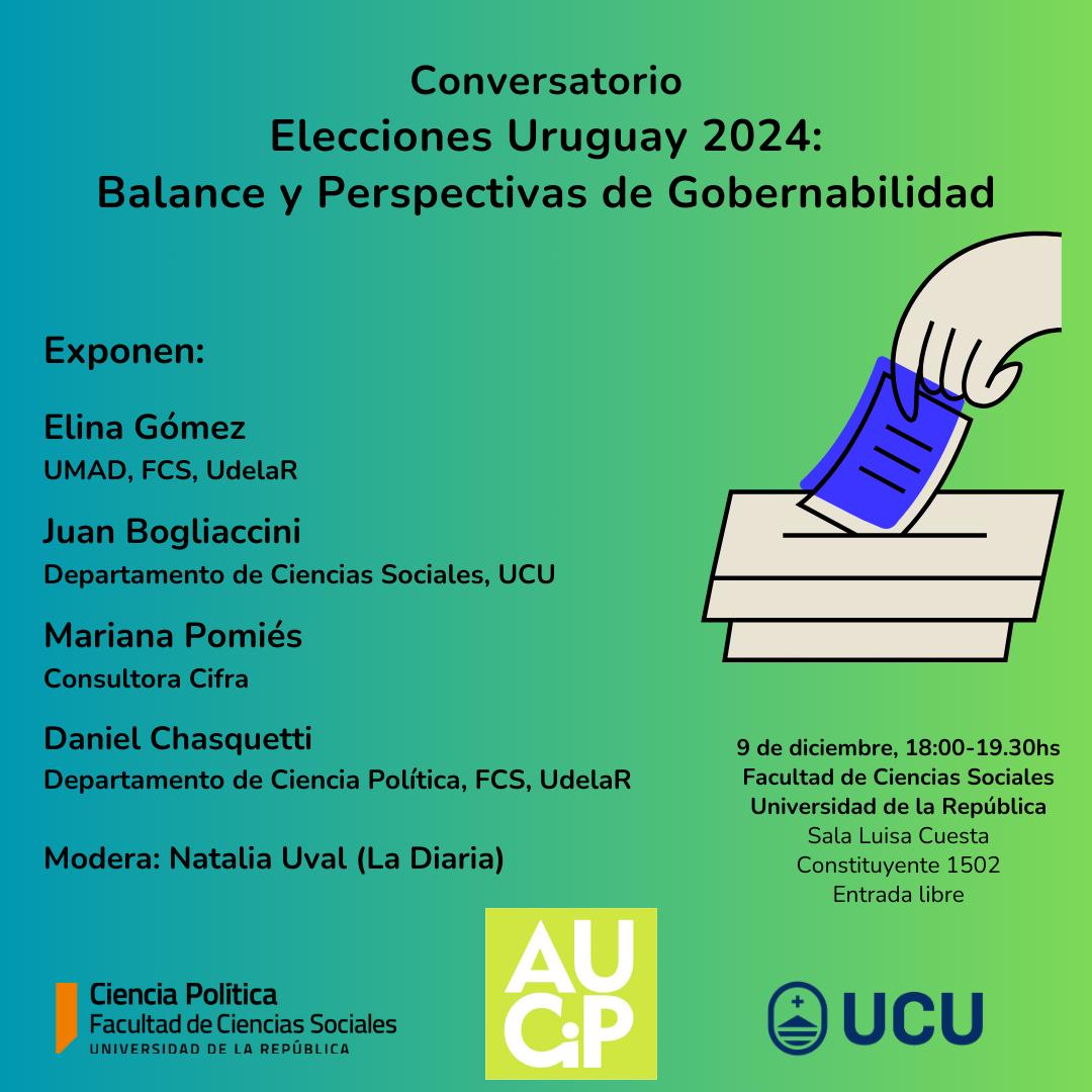 Este lunes a las 18:00 👉Elecciones Uruguay 2024. Balance y Perspectivas de Gobernabilidad.   
🕰️18:00
 📍FCS - Sala Luisa Cuesta