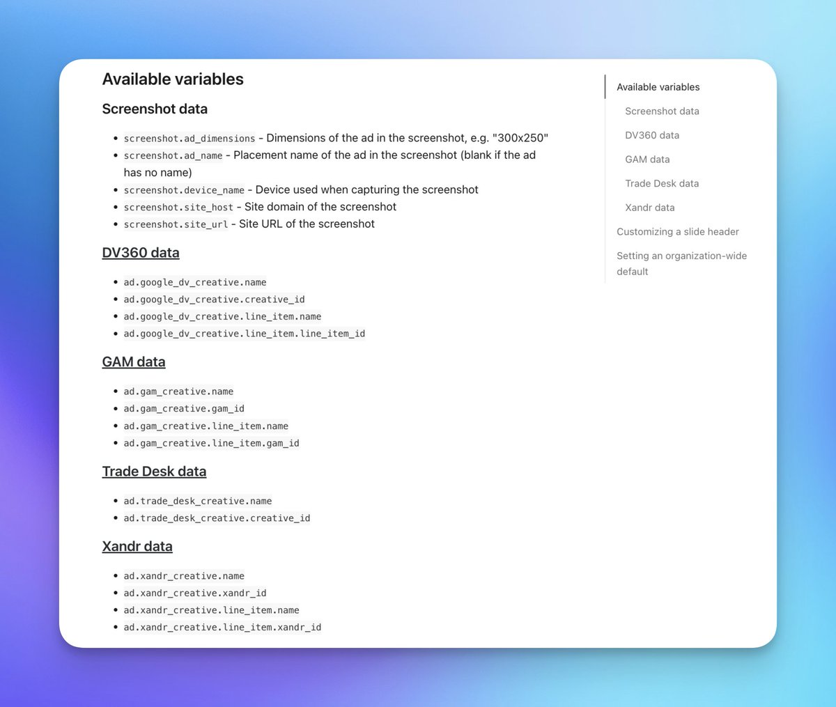 LandonB32's tweet photo. ** New in @AdReformers **

The Trade Desk integration (beta):

Using our new integration with The Trade Desk (TTD), you can automatically import ad data from TTD without lifting a finger. Just connect your TTD account and we'll start syncing advertisers, campaigns, and creatives from TTD every day.

Use third-party integration data in presentations:

We've added data from DV360, @GoogleAdManager, @xandr/@Microsoft , and TTD into presentation variables. This enables you to display creative and line item information (names and IDs) directly in PowerPoint or PDF presentations reducing the need to do more manual work creating your presentations that you send to your customers.
