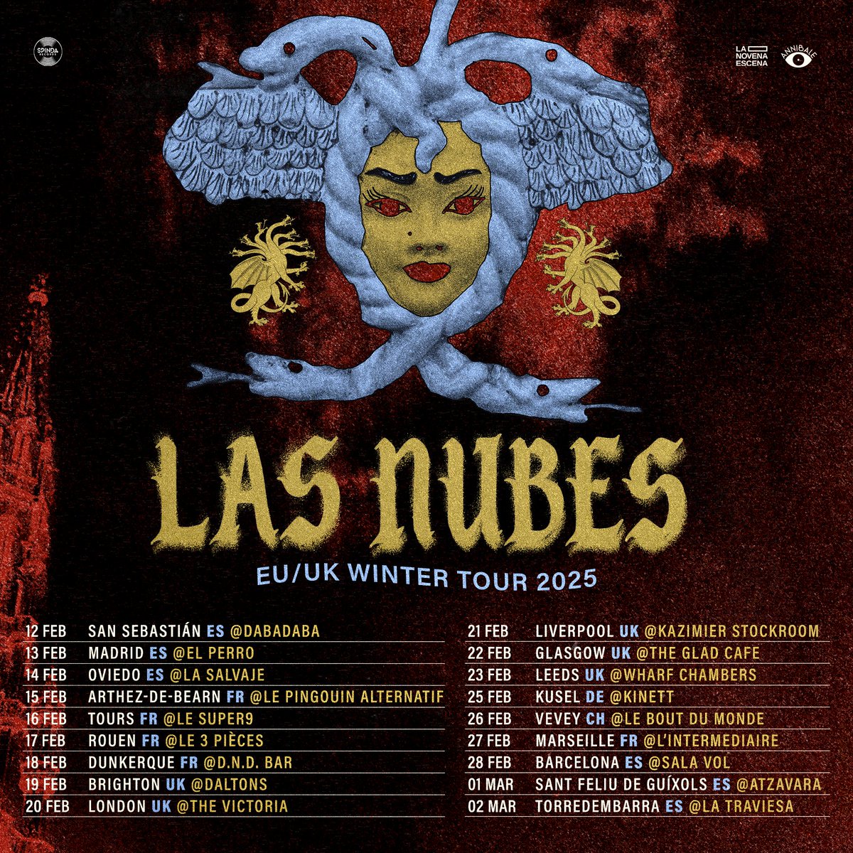 Las Nubes (@lasnubesband) on Twitter photo LAS NUBES IS CROSSING THE POND! Pass it on! Our dream of playing in Europe & UK is finally coming true! Sick flyer by the one & only Mariana Mendoza.
Thank you to <a href="/Spinda_Records/">Spinda Records</a>, La Novena Escena & Annibale Booking for making this happen! LAS NUBES IS CROSSING THE POND! Pass it on! Our dream of playing in Europe & UK is finally coming true! Sick flyer by the one & only Mariana Mendoza.
Thank you to <a href="/Spinda_Records/">Spinda Records</a>, La Novena Escena & Annibale Booking for making this happen!