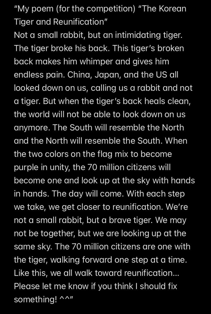 koostrous's tweet photo. for those of you who don't know, 10 year old namjoon wrote this poem on the 19th of may 2005 about his longing for the reunification of north and south korea. https://t.co/VLptzHDLKY