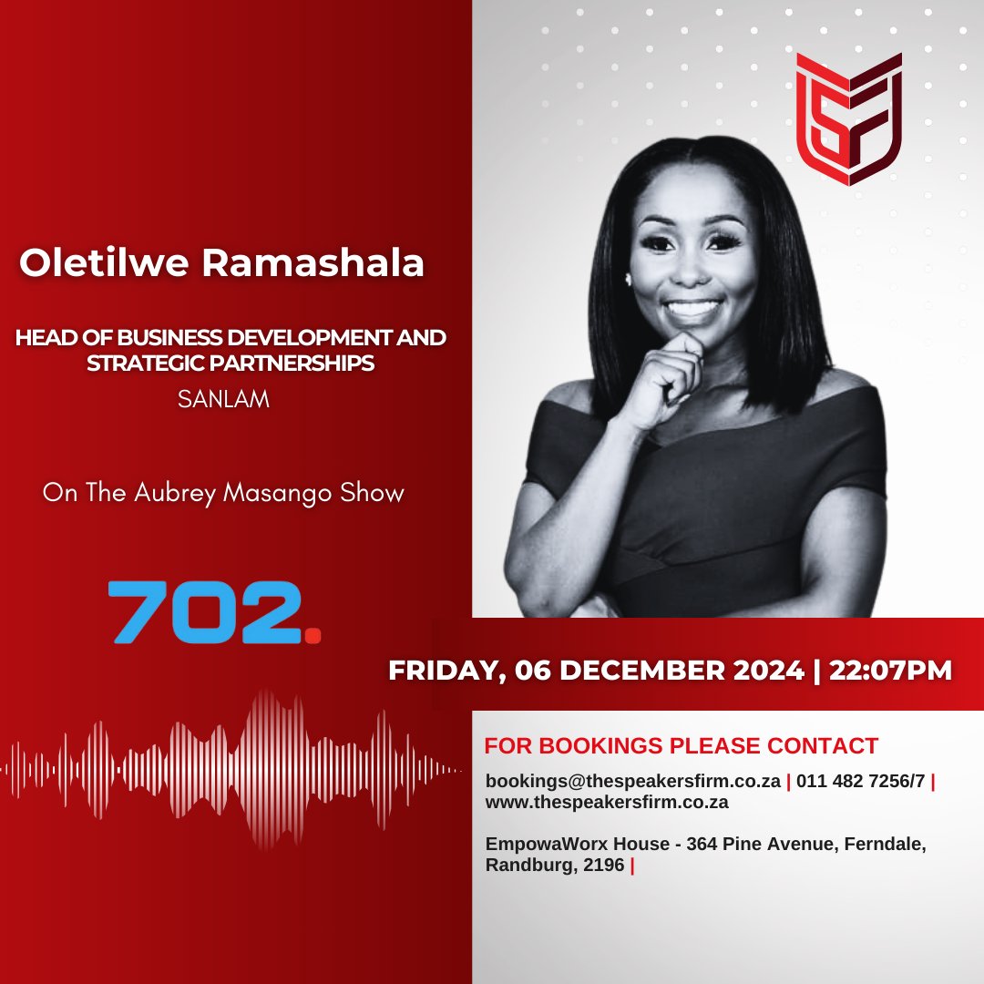 speakersfirm's tweet photo. In the spirit of winding down the year and stepping into the festive season!🌲

🎙️ Tune in tonight, Friday, 06 December 2024! Oletilwe Ramashala one of our powerful voices, joins @AubreyMasango on @Radio702  at 10:07 PM to share insights that inspire.

#VoicesOfImpact #radio702 https://t.co/6oiGKyyukh