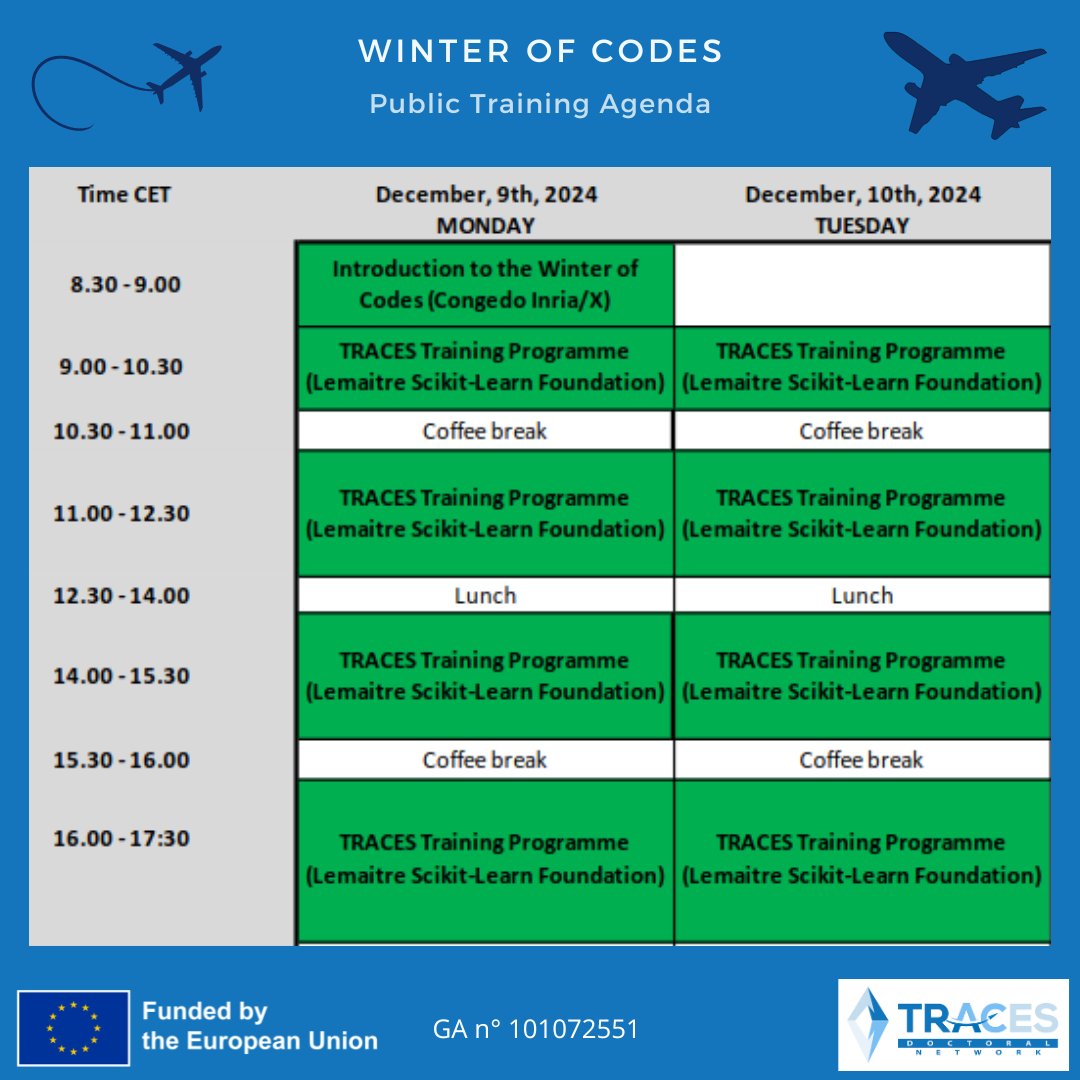 TRACES_DNJD's tweet photo. 🎓 TRACES Winter of Codes ❄️
📍Palaiseau (near Paris), @Polytechnique
📅 next week
✨ 12-hour training by Guillaume Lemaitre, Scikit-Learn researcher &amp; developer
✨ Hands-on mini-projects to apply your skills
✨ Online Public Training, links on https://t.co/L2VFeTyS8o
#MSCA #DNJD https://t.co/DTrgVzHsf7