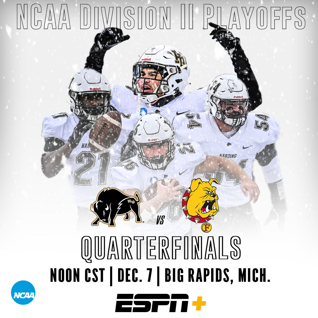 Harding Sports (@hardingsports) on Twitter photo The <a href="/Harding_FB/">Harding Football</a> team is in the Quarterfinals of the NCAA D2 Playoffs and take on Ferris State Saturday at noon CST. The game is on ESPN+. Billy Morgan and Park Parish will also have the call on KVHU 95.3.
ESPN+ Link: ow.ly/TwHr50UmbNZ
Radio Link: ow.ly/SvHc50UmbNU The <a href="/Harding_FB/">Harding Football</a> team is in the Quarterfinals of the NCAA D2 Playoffs and take on Ferris State Saturday at noon CST. The game is on ESPN+. Billy Morgan and Park Parish will also have the call on KVHU 95.3.
ESPN+ Link: ow.ly/TwHr50UmbNZ
Radio Link: ow.ly/SvHc50UmbNU