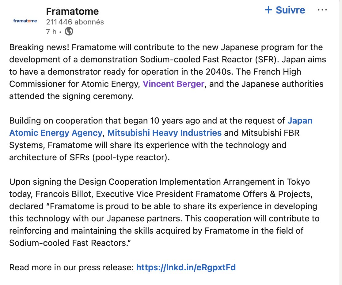 Voilà une excellente nouvelle ! <a href="/Framatome_/">Framatome</a> et le Japon s'unissent pour développer un démonstrateur de Réacteur à Neutrons Rapides refroidi au sodium. Le gouvernement français avait stoppé son projet en 2018... Sa renaissance lève un énorme espoir pour l'avenir. 🎉 #Nucléaire