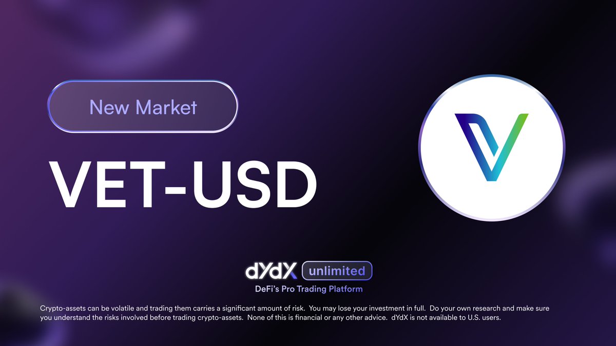 New Instant Market Listing: $VET

You can now trade <a href="/vechainofficial/">VeChain</a> on dYdX!

Get started ➡️ dydx.trade/trade/VET-USD?…