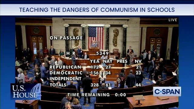 Politics1com's tweet photo. House just overwhelmingly passed bill to create a model national civic education curriculum for high school students on the evils of communism and how it and totalitarianism conflicts with the “principles of freedom and democracy essential to the founding of the United States”… https://t.co/KAhiEeeOZL