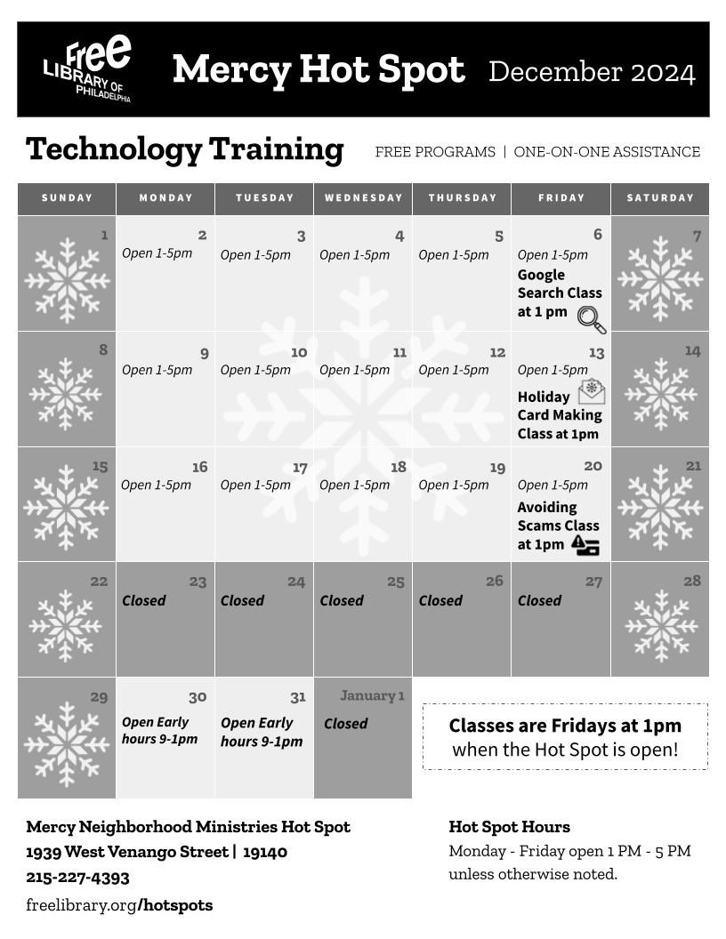 Drop-in computer access everyday we're open at the Hot Spot! Classes Fridays at 1pm.
Note our closures later this month.
More details at: freelibrary.org/hotspots