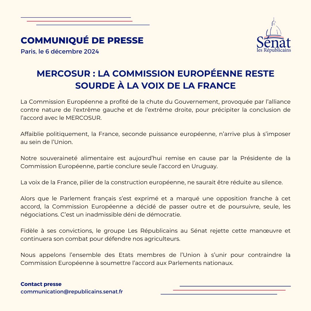 🇪🇺Rien n'est encore joué. Rien n'a encore été ratifié.

🫸Si Ursula Von der Leyen a décidé de trahir nos agriculteurs, pour nous, la mobilisation continue ! 

#UE-Mercosur