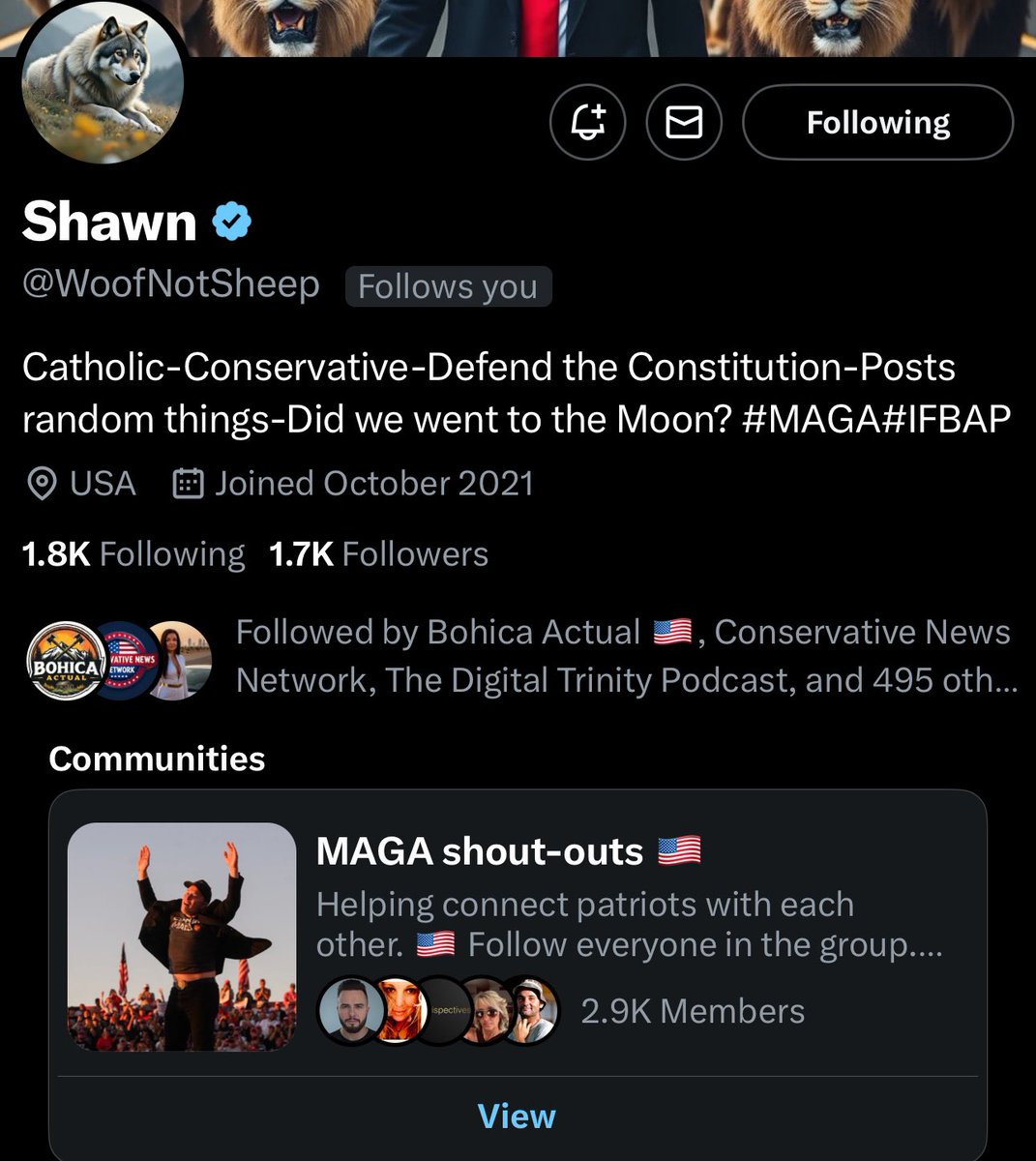 Let’s get <a href="/WoofNotSheep/">Shawn</a> to 1.8K!🇺🇸🔥🚀