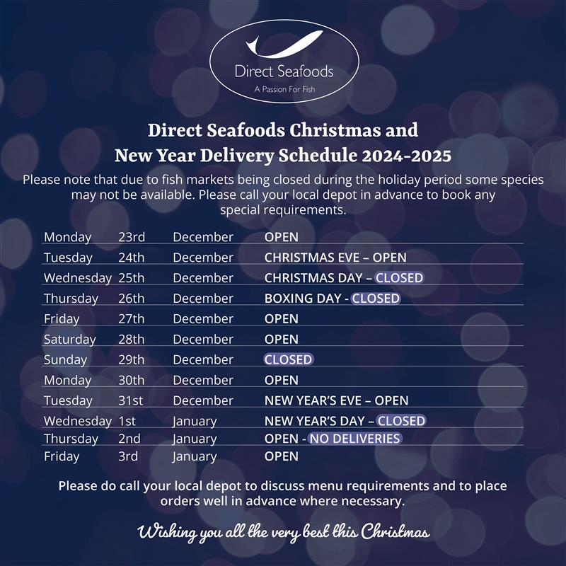 Direct_Seafoods's tweet photo. โTis the season๐
Here is a list of our important dates over the Christmas and New Year period.
Please note that due to fish markets being closed during the holiday period, some species may not be available.
#FreshSeafood #SeafoodWholesale #OceanToTable https://t.co/s6Ap86Ctxj
