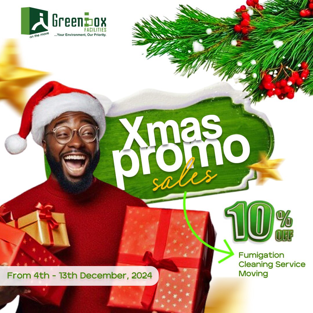 Greenbox_ltd's tweet photo. We are pleased to inform you that we will be having a 10% discount sale on some of our services which will run from the 4th to 13th of December, 2024. 

#Christmas2024 #promosale #discounts https://t.co/OTMIR1pH62