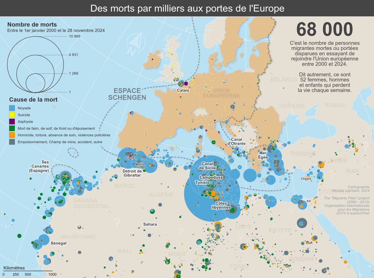 🗺️Dans sa carte interactive (FR/EN), Nicolas Lambert retrace sur 31 ans comment les frontières de l’Europe sont devenues des cimetières pour des dizaines de milliers de personnes exilé·e·s en tentant de rejoindre l’Europe.
➡️Voir ici : migreurop.org/article3301.ht…
<a href="/cartococo/">Cartographe encarté 🐘🦋</a>