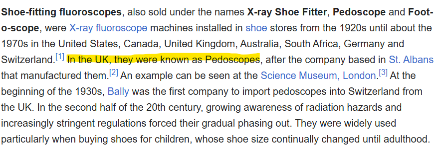 rick_corvette's tweet photo. Was perusing the Wikipedia article about the xrays they used to have in shoe stores blasting radiation at children's feet and the employees. Then I saw this gem: https://t.co/0jQZTLTJRn