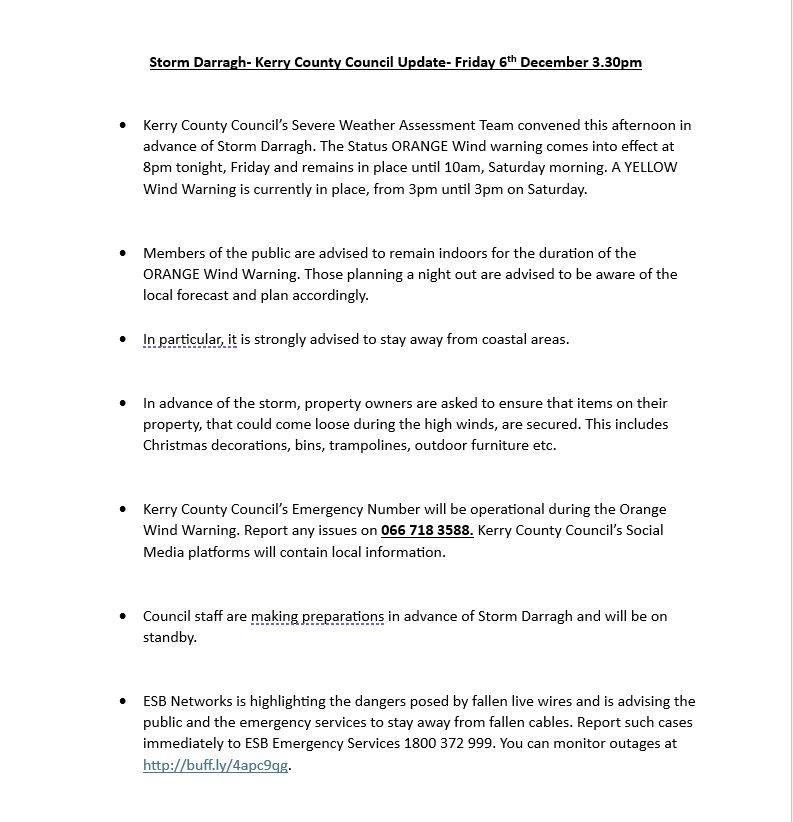 Kerry County Council - Comhairle Contae Chiarraí (@countykerry) on Twitter photo Storm Darragh Update, 
In advance of Storm Darragh, Kerry County Council's Severe Weather Assessment Team and the Local Inter-Agency Group met. The following advice issued. Storm Darragh Update, 
In advance of Storm Darragh, Kerry County Council's Severe Weather Assessment Team and the Local Inter-Agency Group met. The following advice issued.